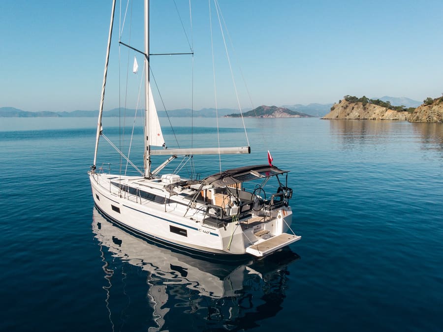 Freya (Bavaria Cruiser 46) at anchor in a bay
