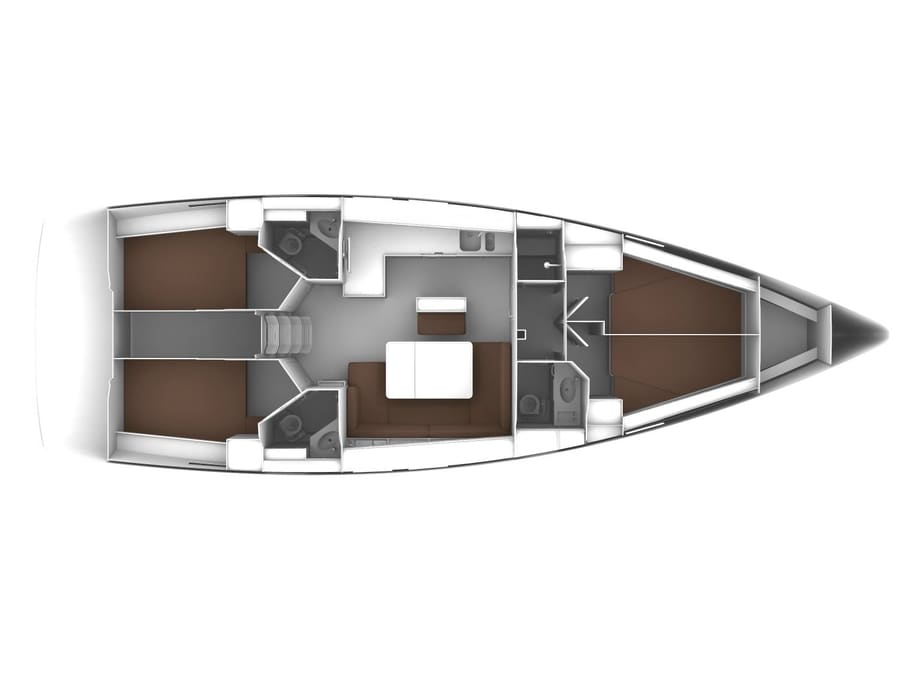 Freya's layout: 4 cabins, 3 bathrooms